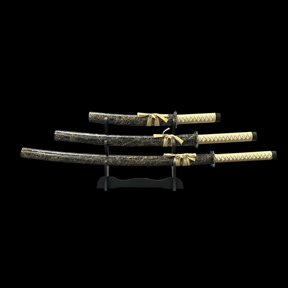 Black Samurai Katana Sword Set 3PCS Japanese Decorative Display Unsharpened