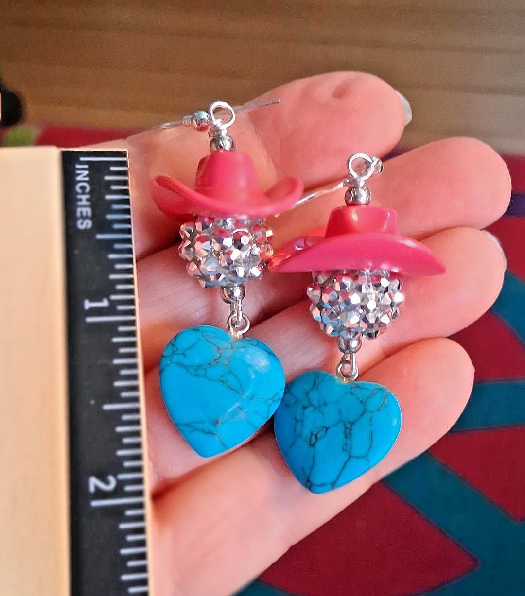Turquoise Hearts & Pink Cowgirl Hat Super Bling Earrings by Wild M!