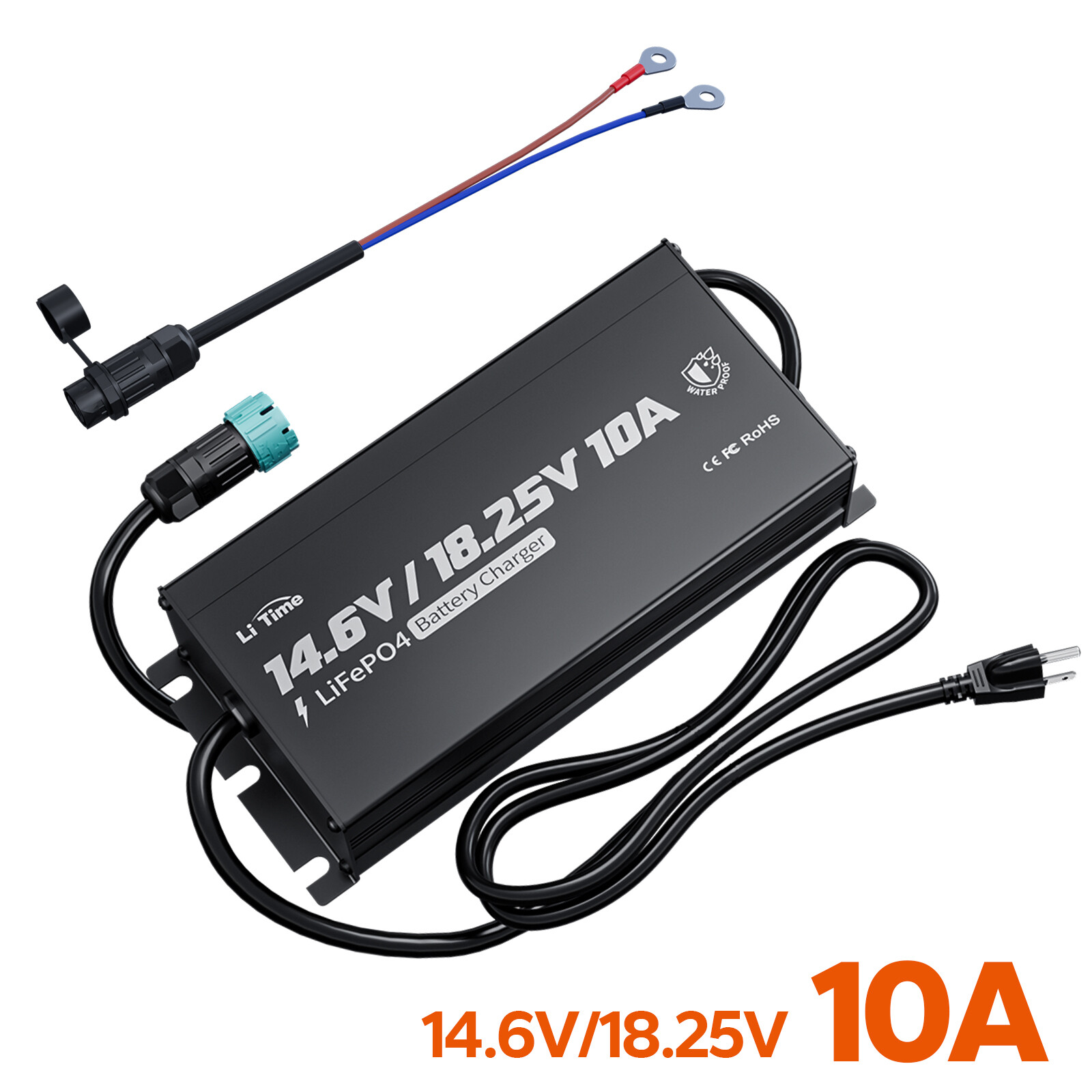 LiTime 12V(14.6V)&16V(18.25V) 10A Smart Charger for LiFePO4 Lithium Battery IP65