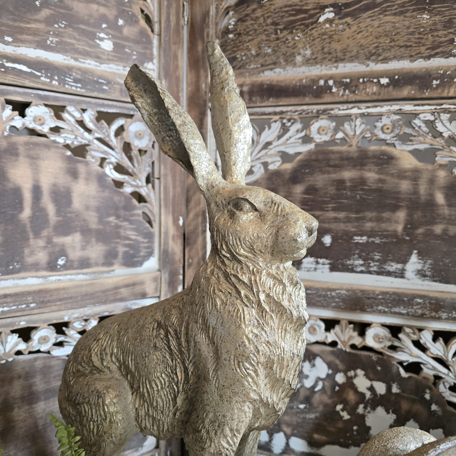 Rustic Weathered Gold Speckle Garden Bunny Rabbit Figurine Statue 21"