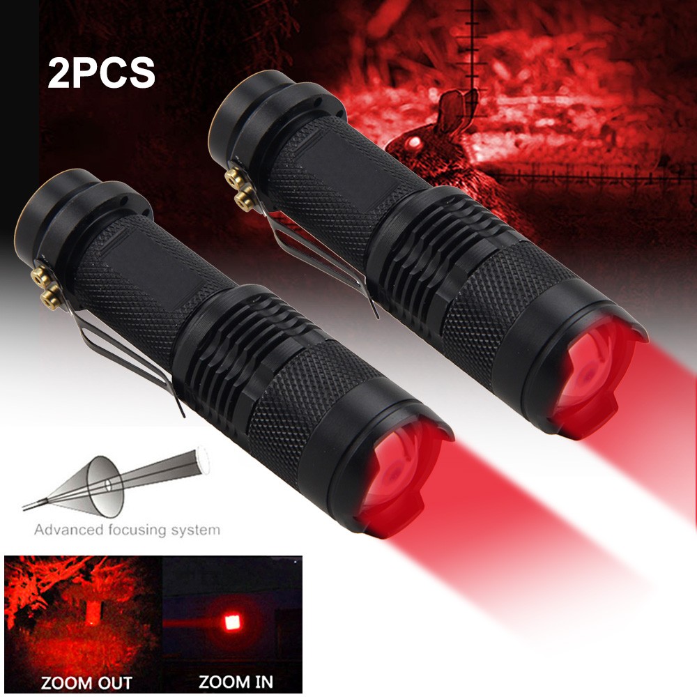 2Pcs Mini Powerful Red Light LED Flashlight 3Modes Night Vision Lamp Zoom Torch