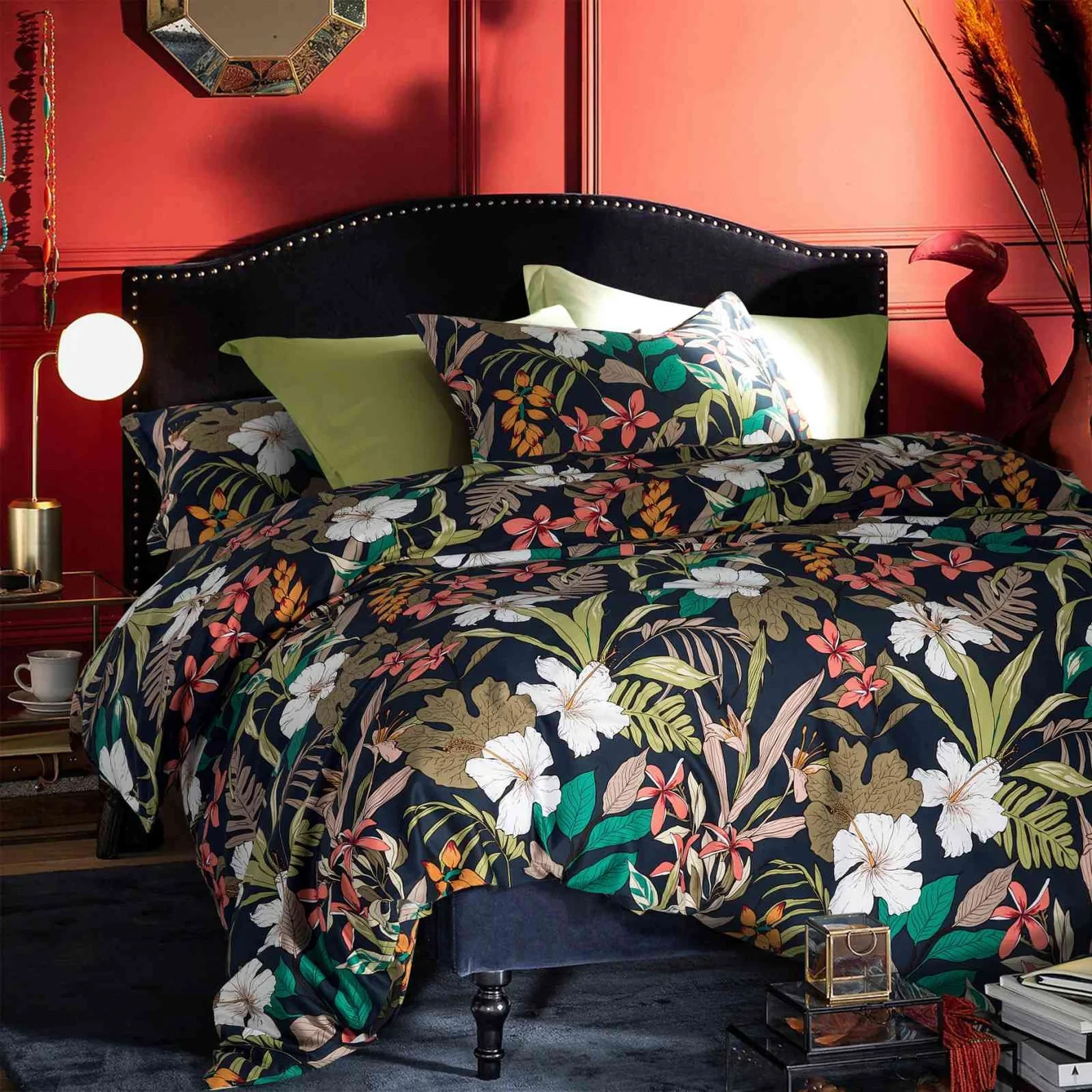 Eikei Midnight Teal Botanical Duvet Cover Egyptian Cotton Bedding Super King Set