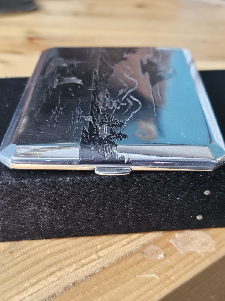 Beautiful 950 Solid Silver Japanese Niello Cigarette Case Signed & 950 Silver