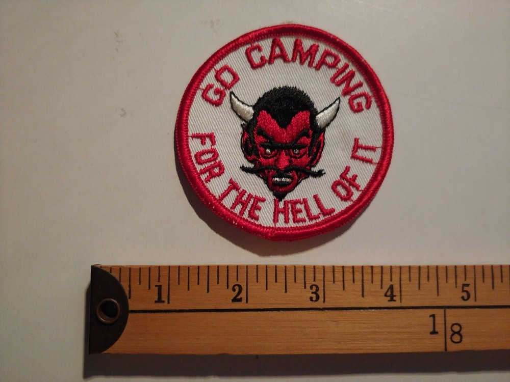 70s GO CAMPING FOR THE HELL OF IT DEVIL CAMPER JOKE FUNNY PATCH CREST ECUSSON