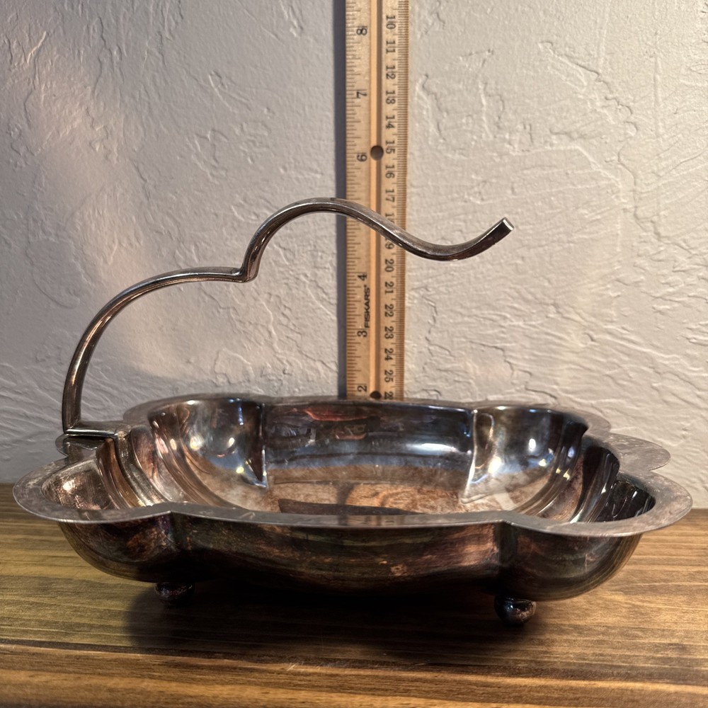 Vintage Silver Plate Candy Dish Scalloped Rectangular with Free Form Handle