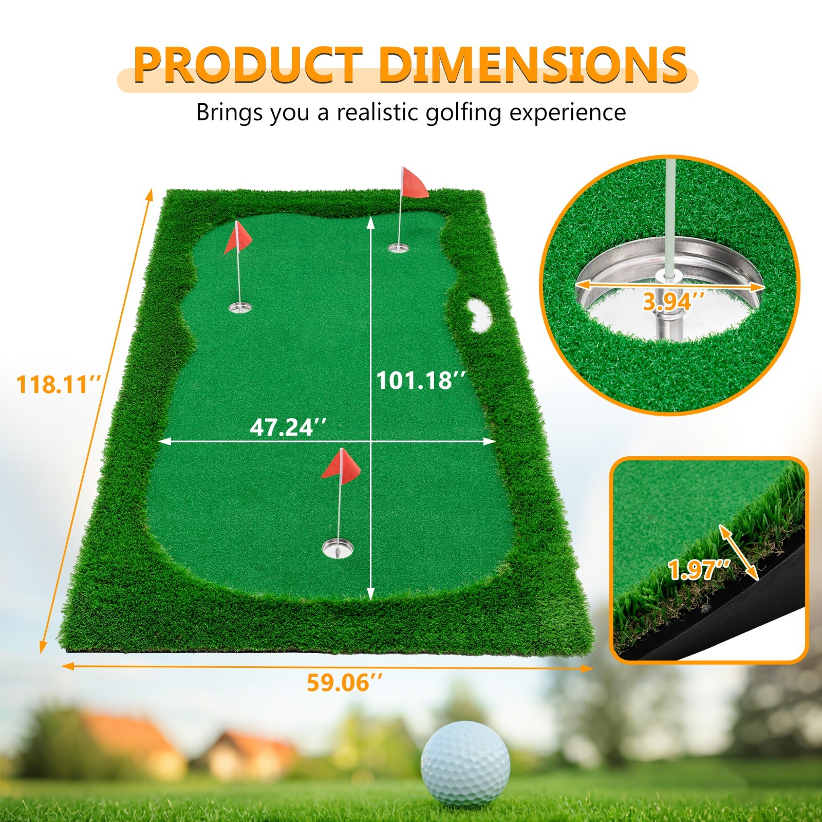 10x5 FT Golf Putting Green Training Mat Turf 3 Holes 3 Flags Cups Indoor Outdoor