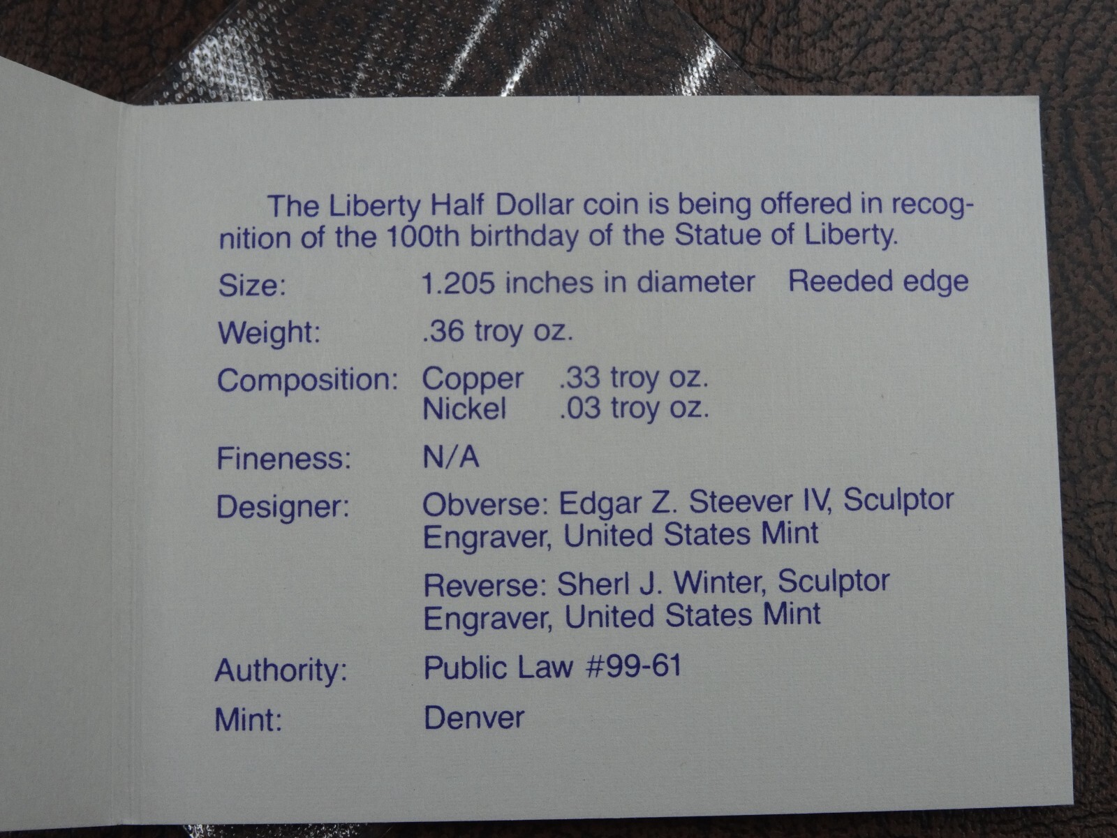 1986-D Statue of Liberty BU Unc Half Dollar US Mint Coin 50C OGP Box & COA