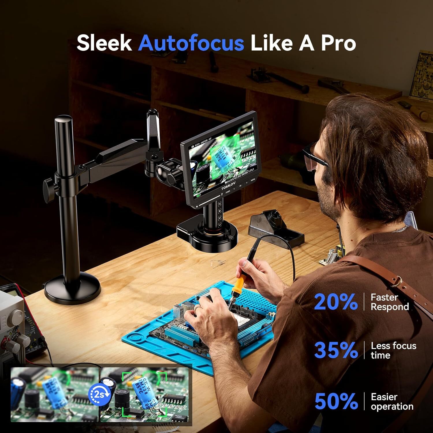 TOMLOV 8" TM4K-AF Autofocus Digital Microscope Flex Arm 4K Soldering Microsope