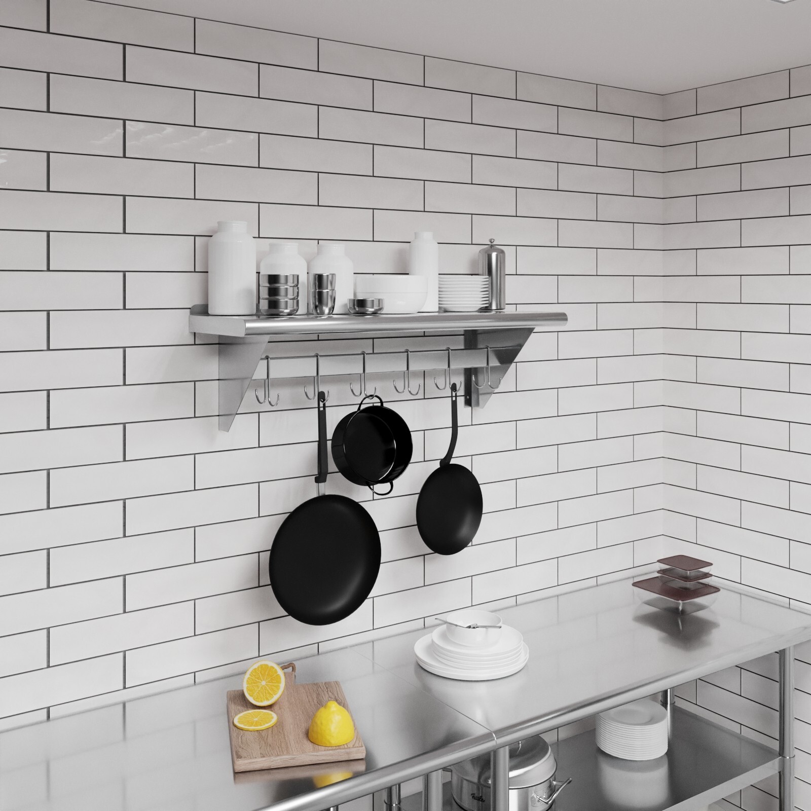 12 in. x 36 in. Stainless Steel Wall Mounted Pot Rack with Shelf and 6 hooks