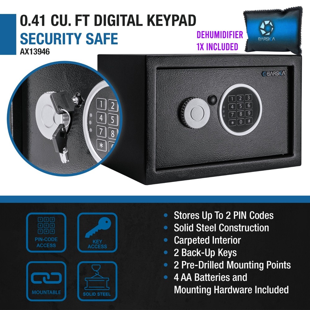 Barska 0.41 Cu. Ft. Compact Security Safe Digital Keypad Lock Box + Dehumidifier