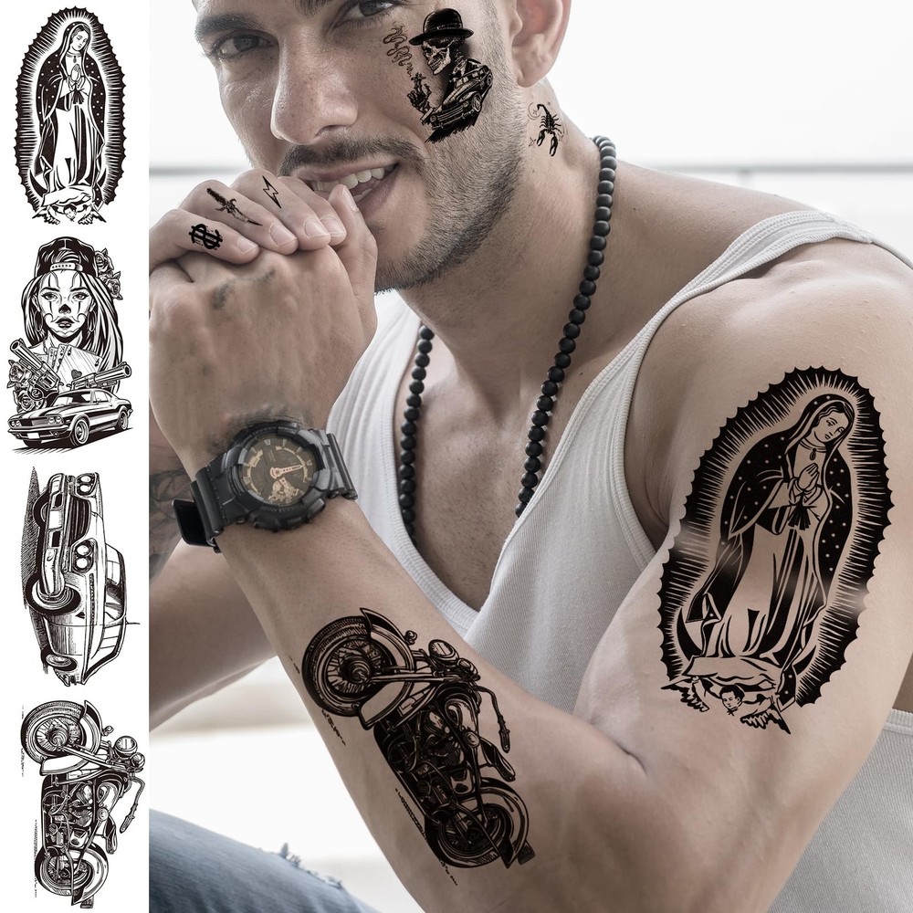 12 Sheets Large Chicano Temporary Tattoos, Cholo and Chola Multiple, Black