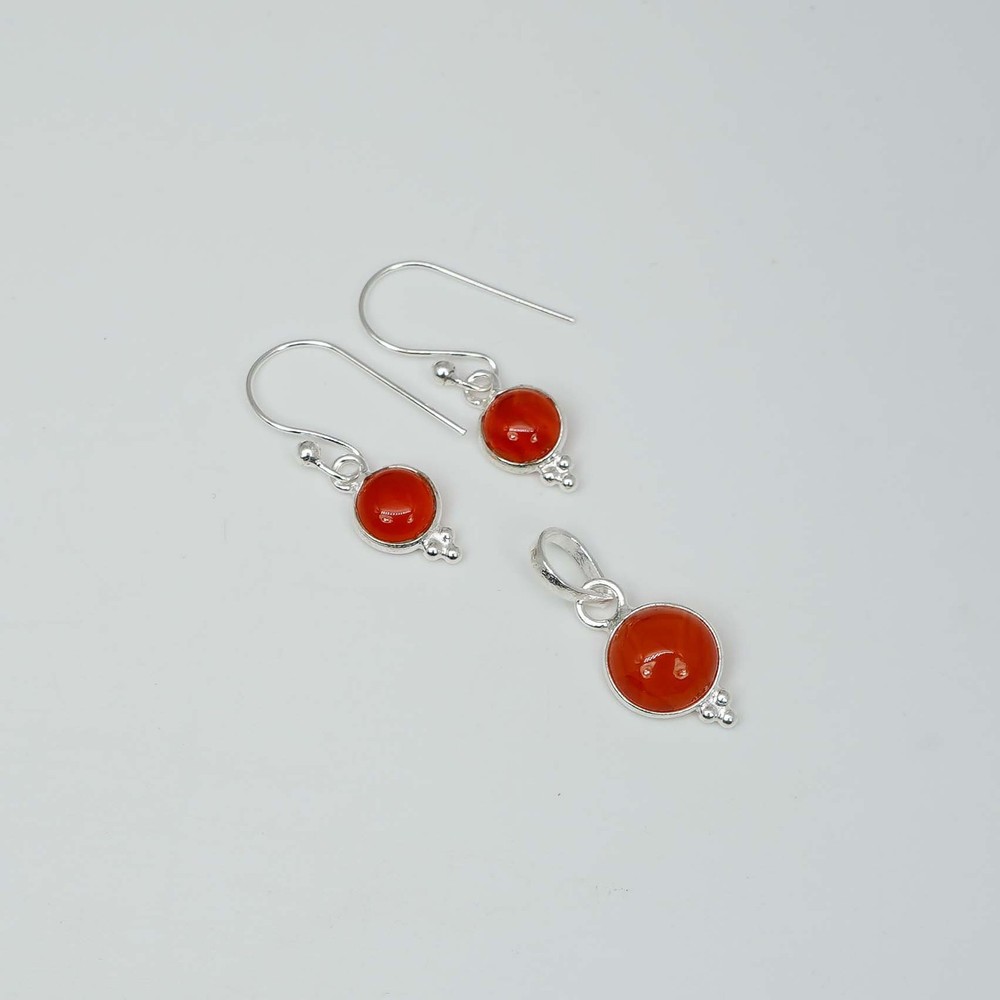 925 Solid Sterling Silver Red Carnelian Hook Earring Pendant Set