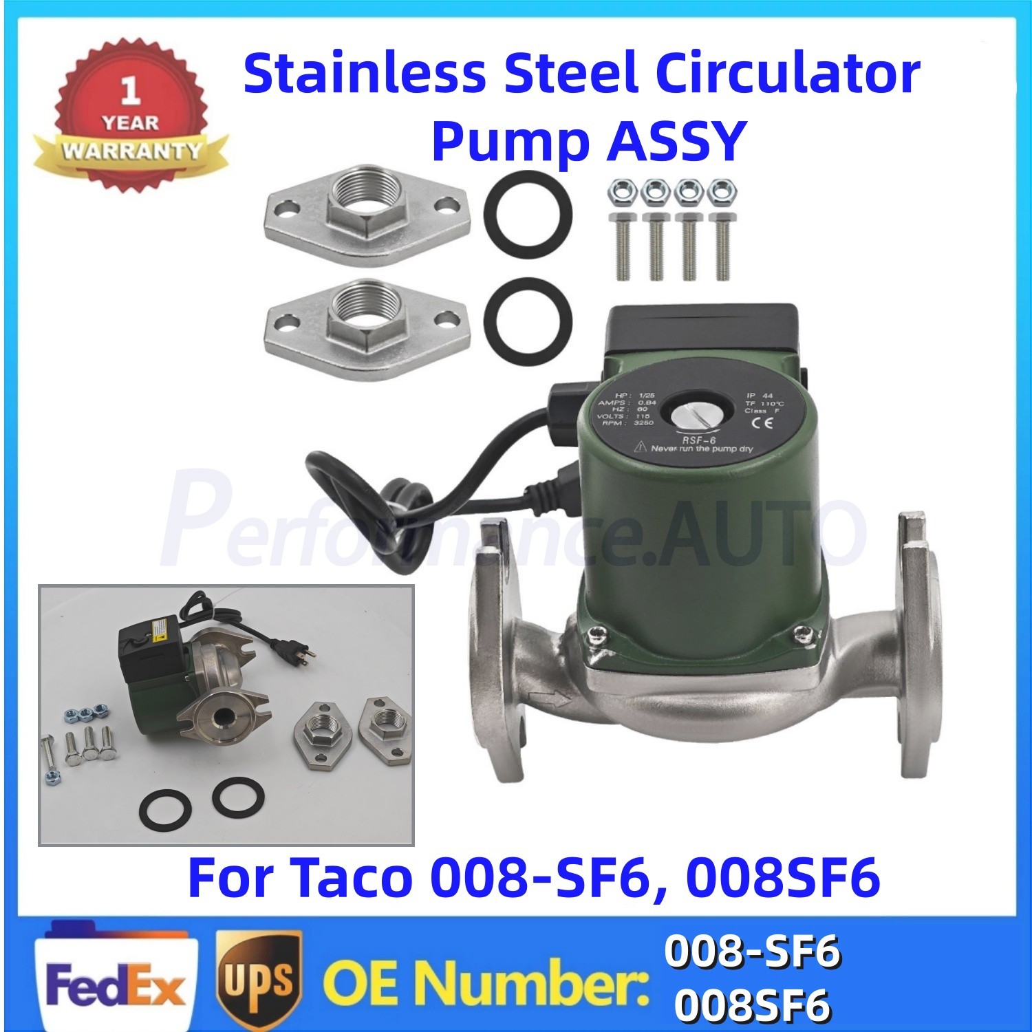 Fits Taco 008SF6 115V 1/25hp 14GPM Potable Water Stainless Steel Circulator Pump