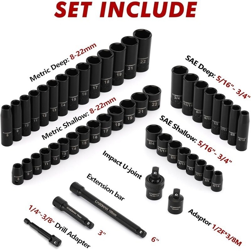 49pcs Chrome Vanadium Steel Socket Set Deep Shallow 3/8 Drive Impact Tool Case