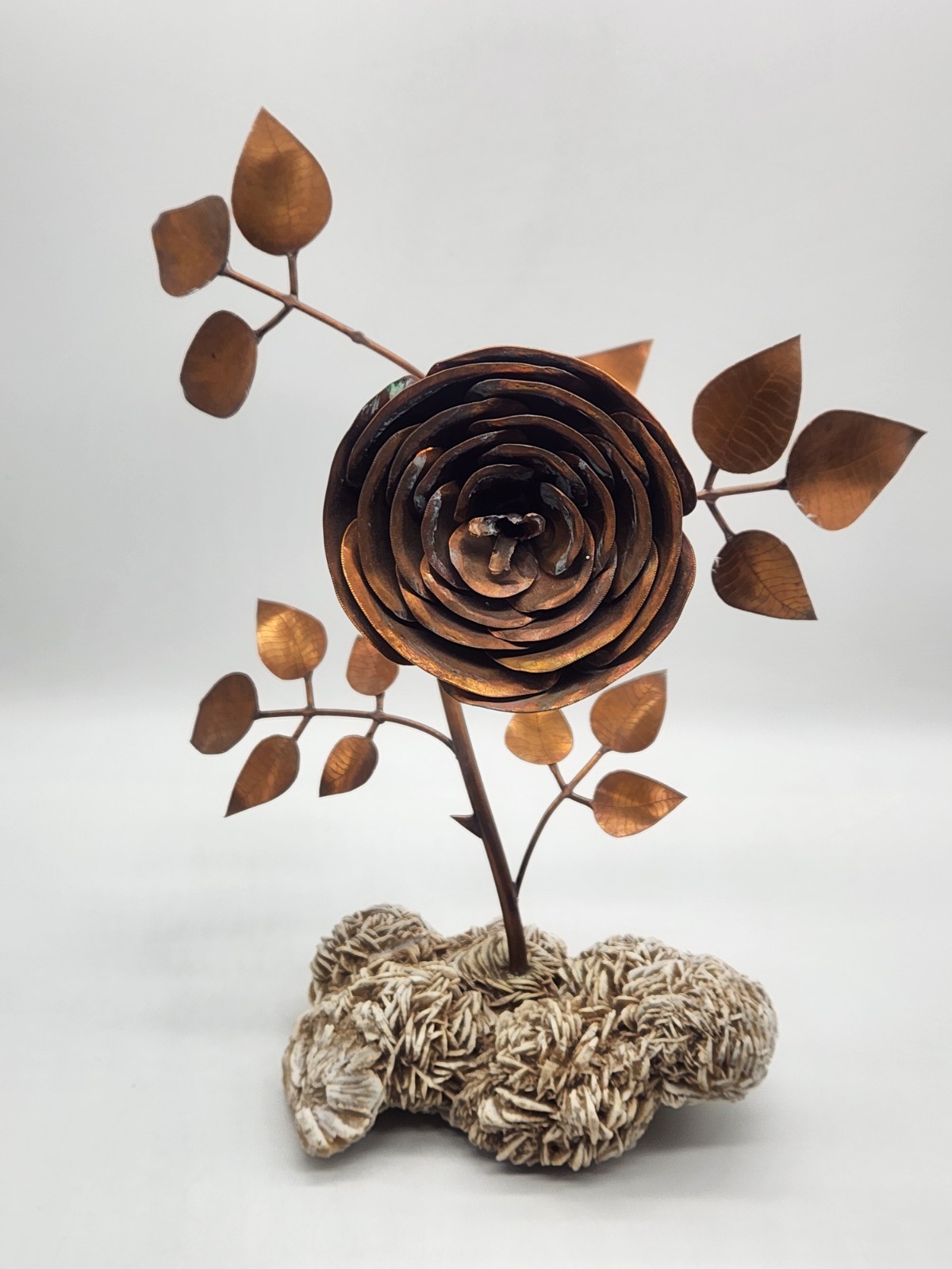Copper Rose Sculpture w/Desert Sand Rose Crystal ~ 13" H x 10" L x9" W