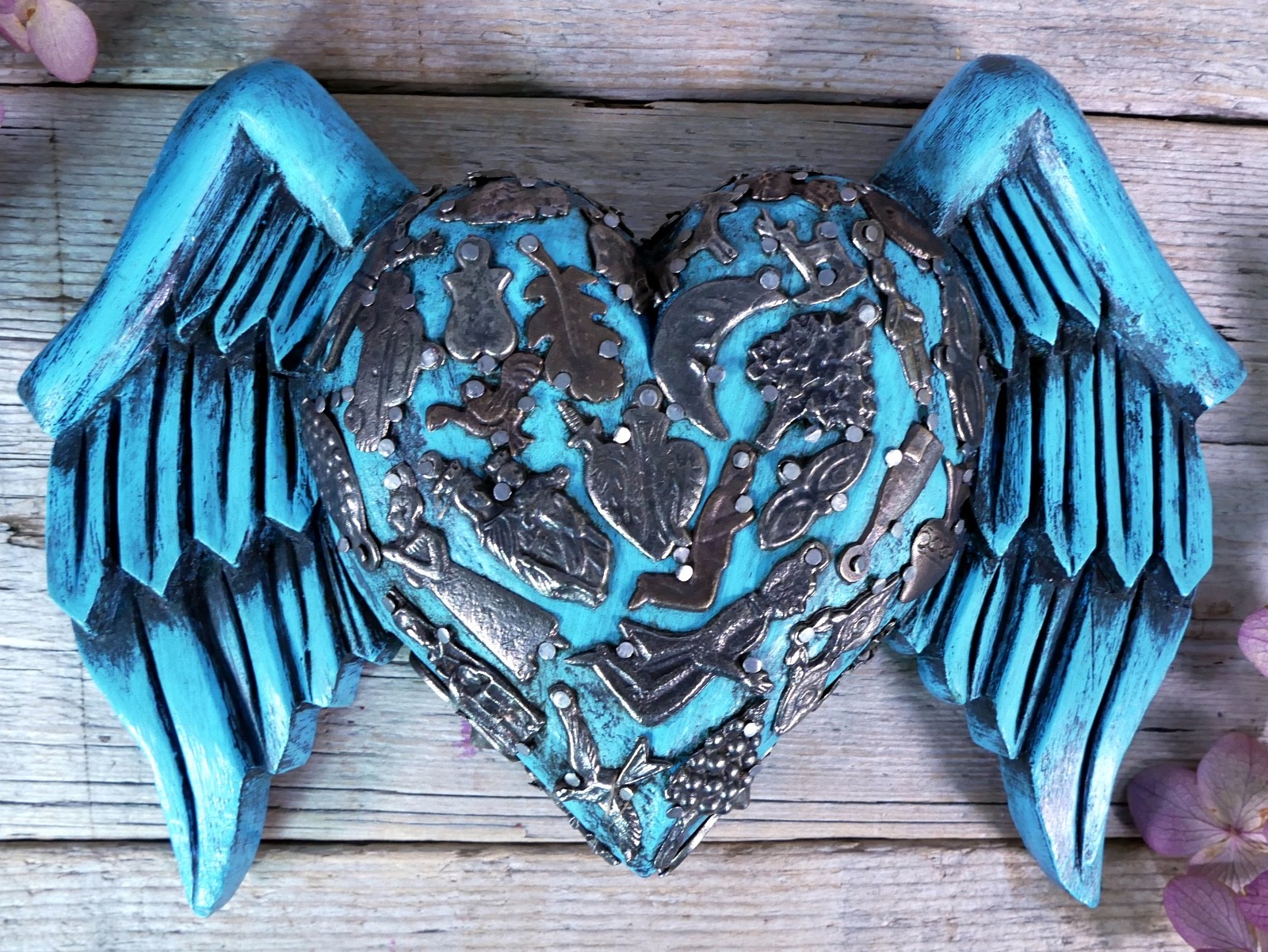 Blue Heart Wings Milagros Handmade Wood Mexican Folk Art Love Token Medium Size
