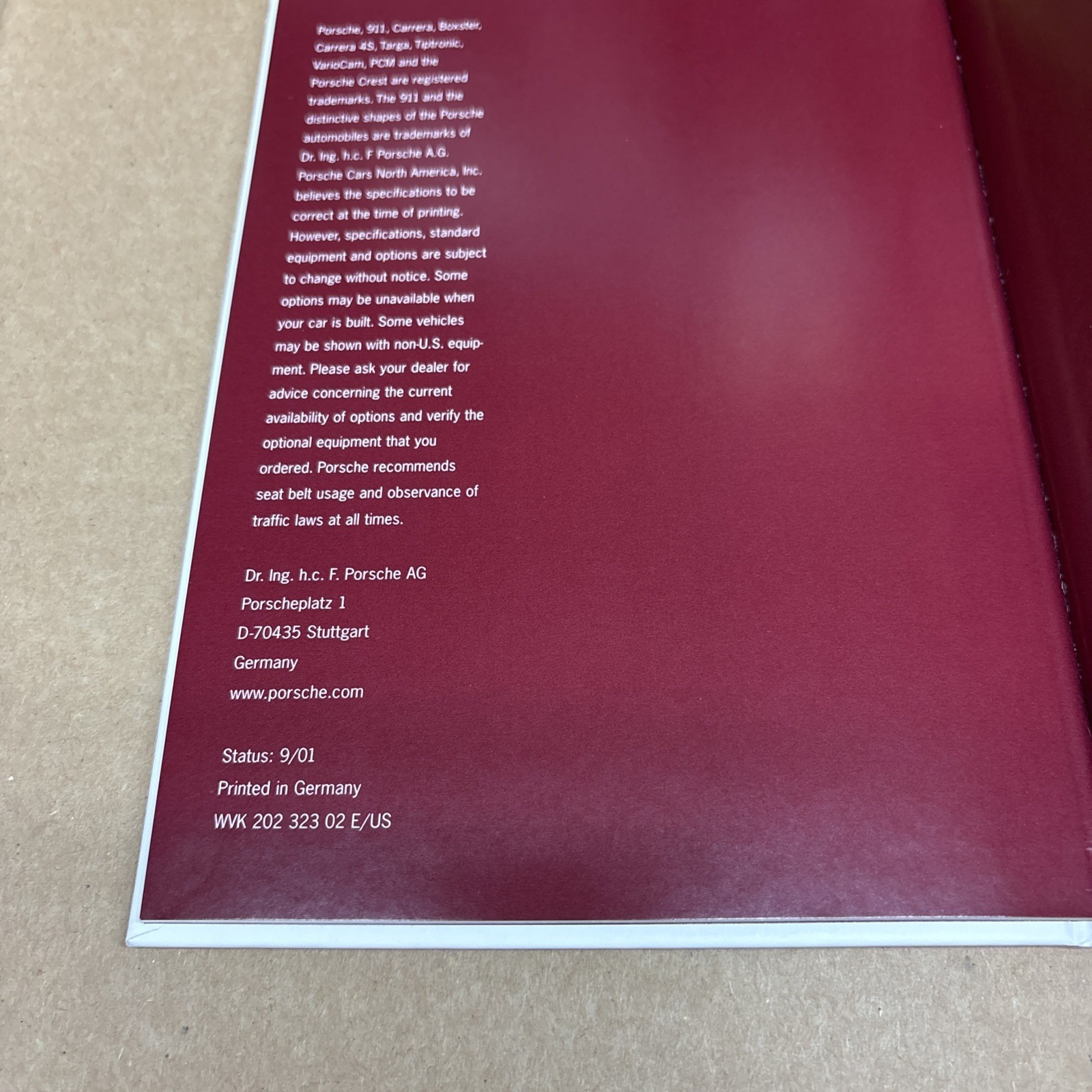 2001 PORSCHE THE 911 GT2 SALES BROCHURE HARD COVER