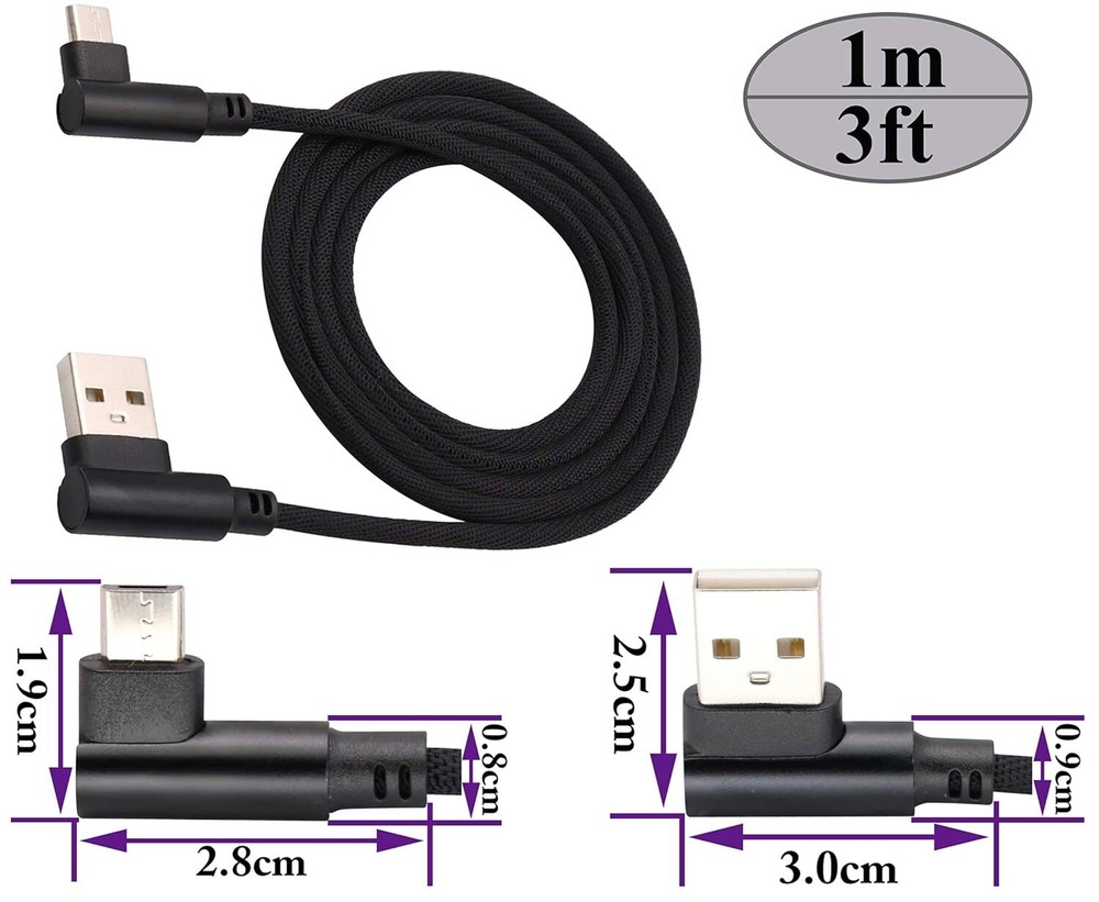 Double 90 Degree Right Angle Micro USB Charge Data Nylon Braided Cable 3/6/10FT