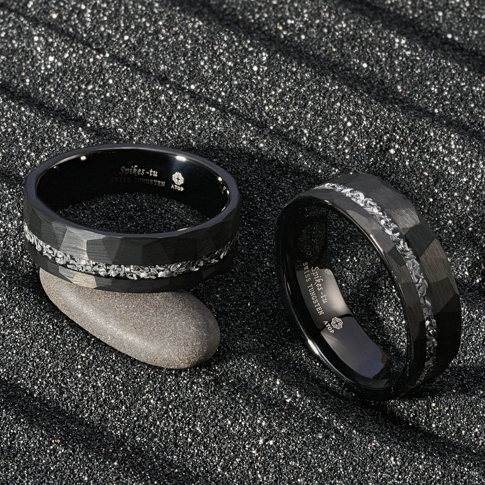 8mm Black Meteorite Tungsten Ring Sliver Line Mens Wedding Band ATOP Jewelry