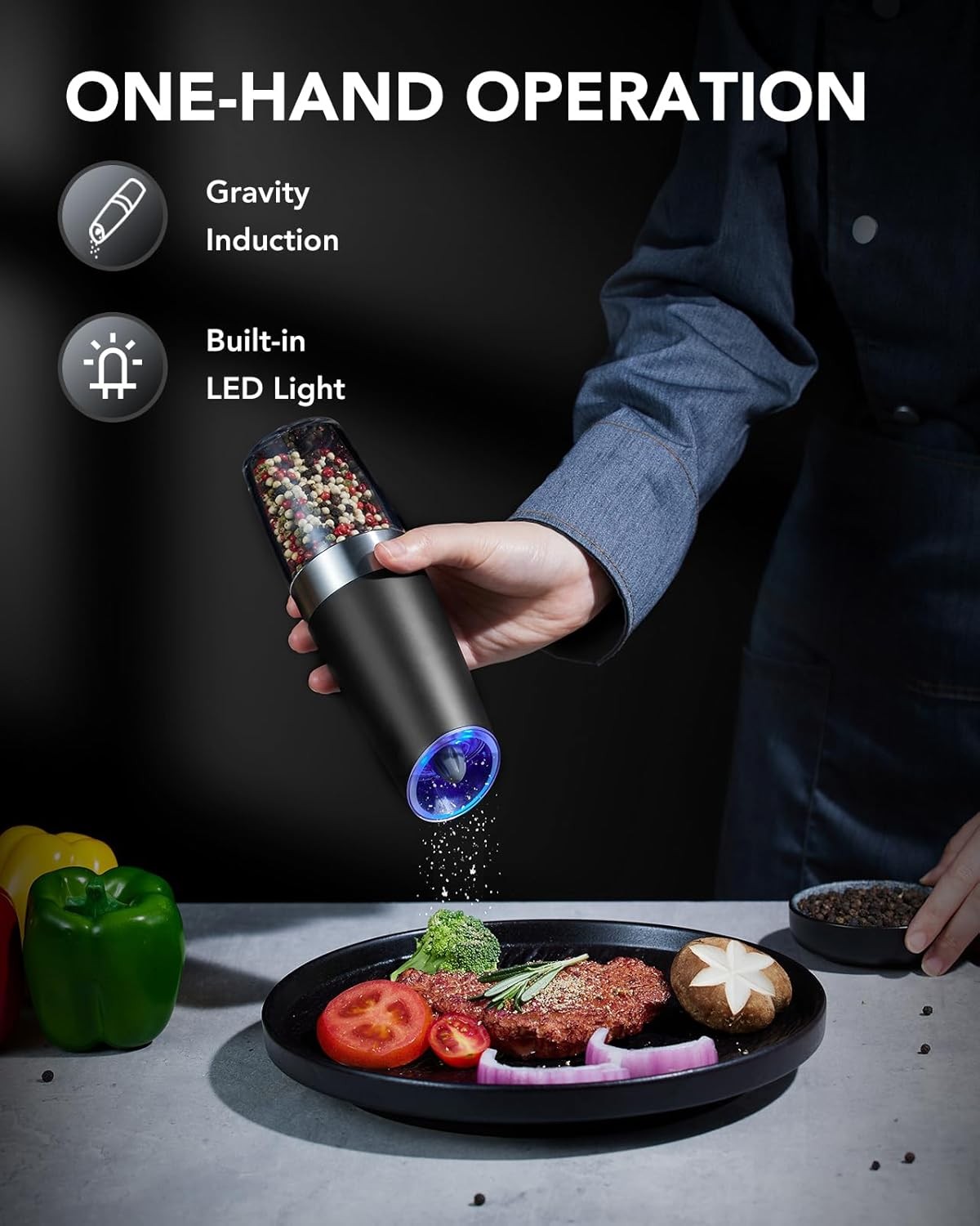 Gravity Electric Salt and Pepper Grinder Set, Automatic Pepper Grinder Shakers M