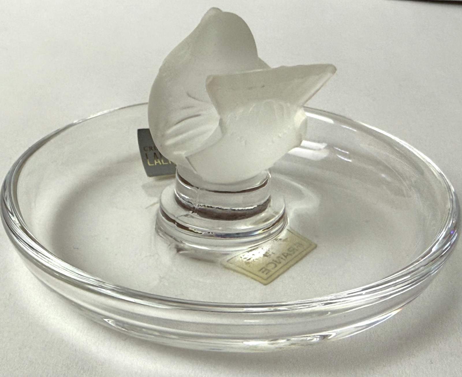 Lalique Pinson Finch 1970s Art Glass Ring Dish Clear & Frosted Crystal 2” Tall