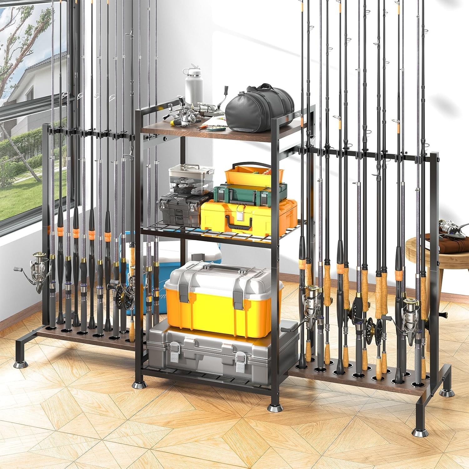 Fishing Rod Holder Stand for 28 Rods 3 Sided Vertical Rack Garage Storage Tackle