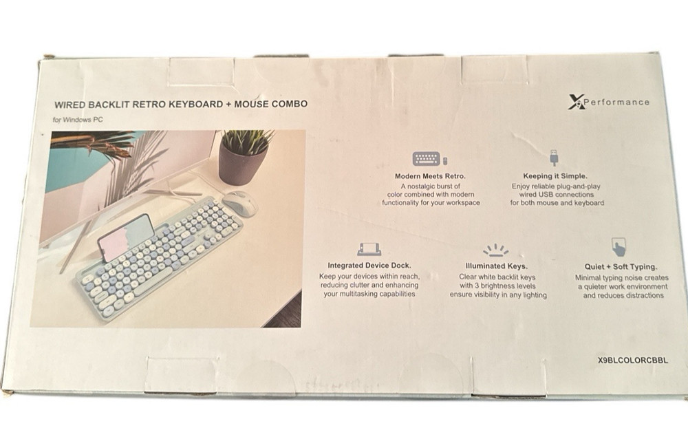 X9 Performance Wired Backlit Retro Typewriter Keyboard + Mouse Blue