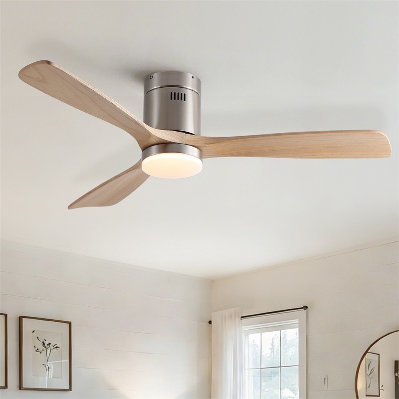 52" Modern Flush Mount Solid Wood Ceiling Fan Reversible w/Wall Switch/Remote