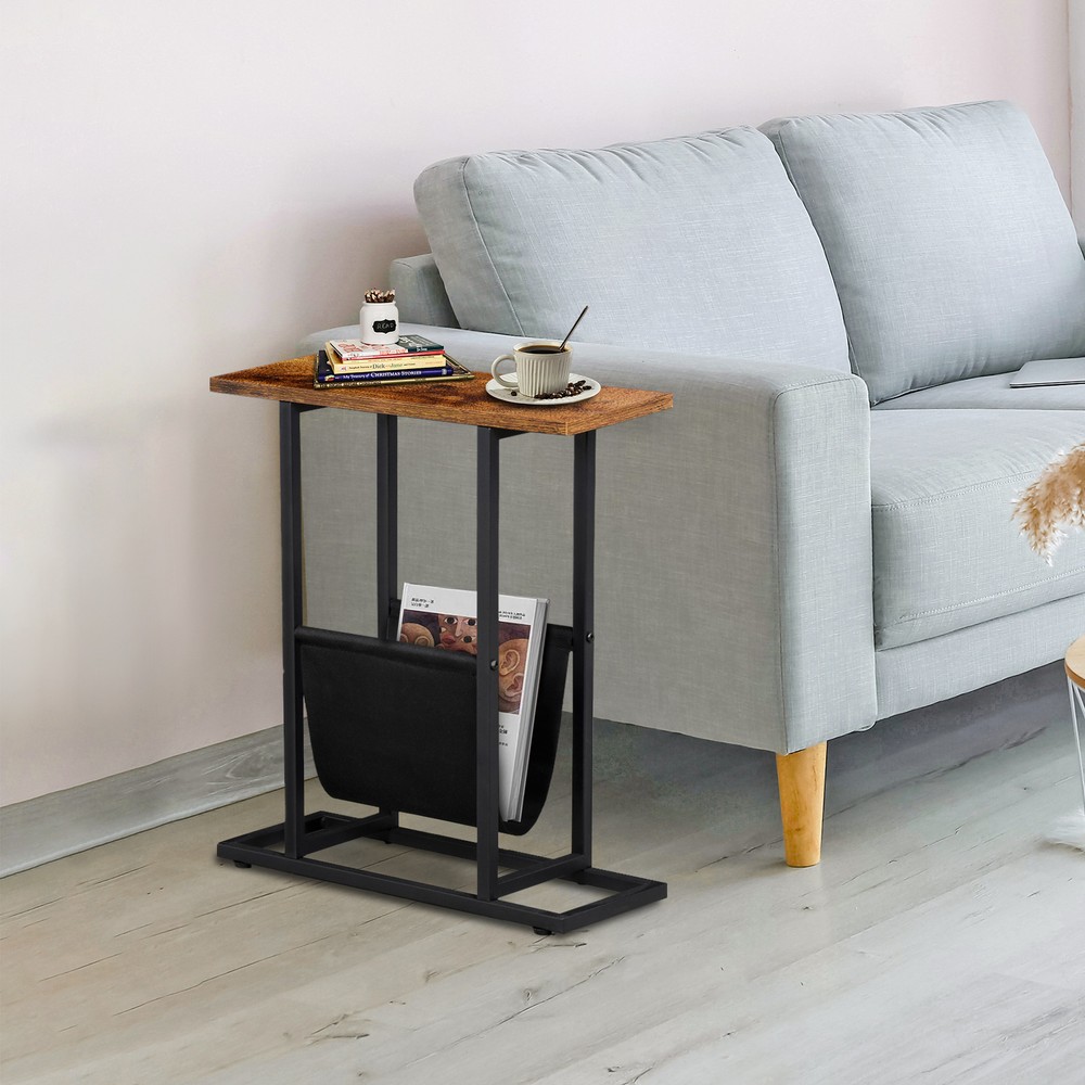Small Narrow Side Table End Table Magazine Table w/ Storage Holder Rustic Brown