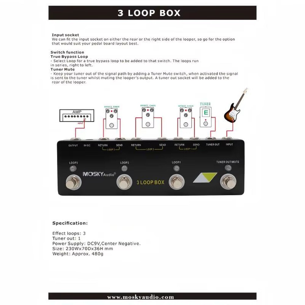 MOSKY Audio 3 LOOP BOX Guitar Pedal Looper Switcher Effect Pedal Loop System CA