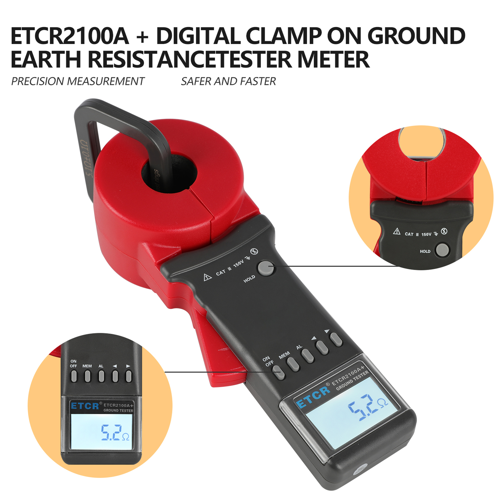ETCR2100A+ Digital Clamp On Ground Earth Resistance Tester Meter 0.01-200 ohm