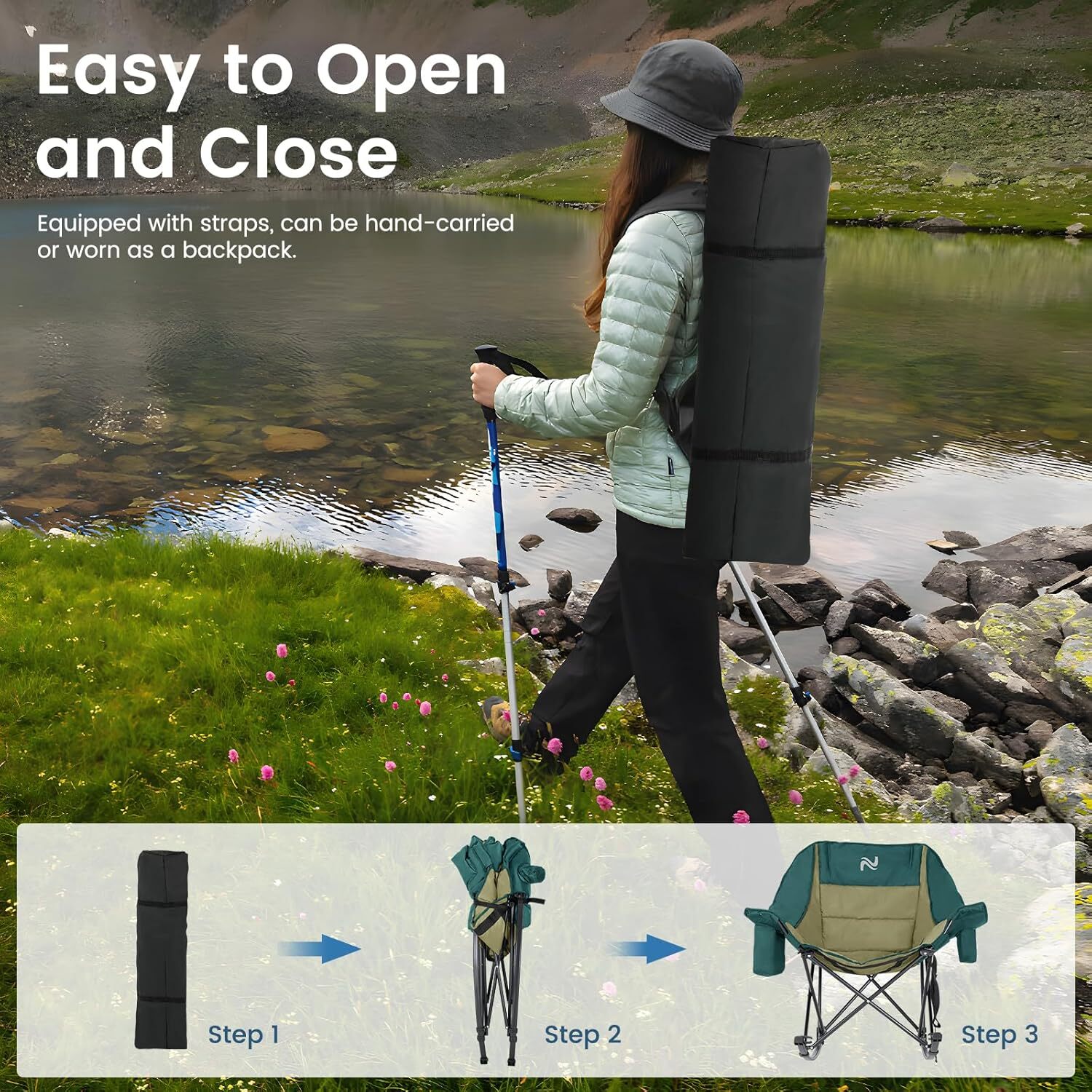 H&ZT Oversized Rocking Camping Chair Padded Folding Lawn Chair with Cooler Bag