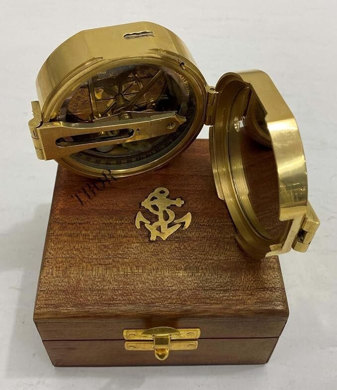 Brass Compass Antique Looking Engraved Designer with Leather case Working Brass