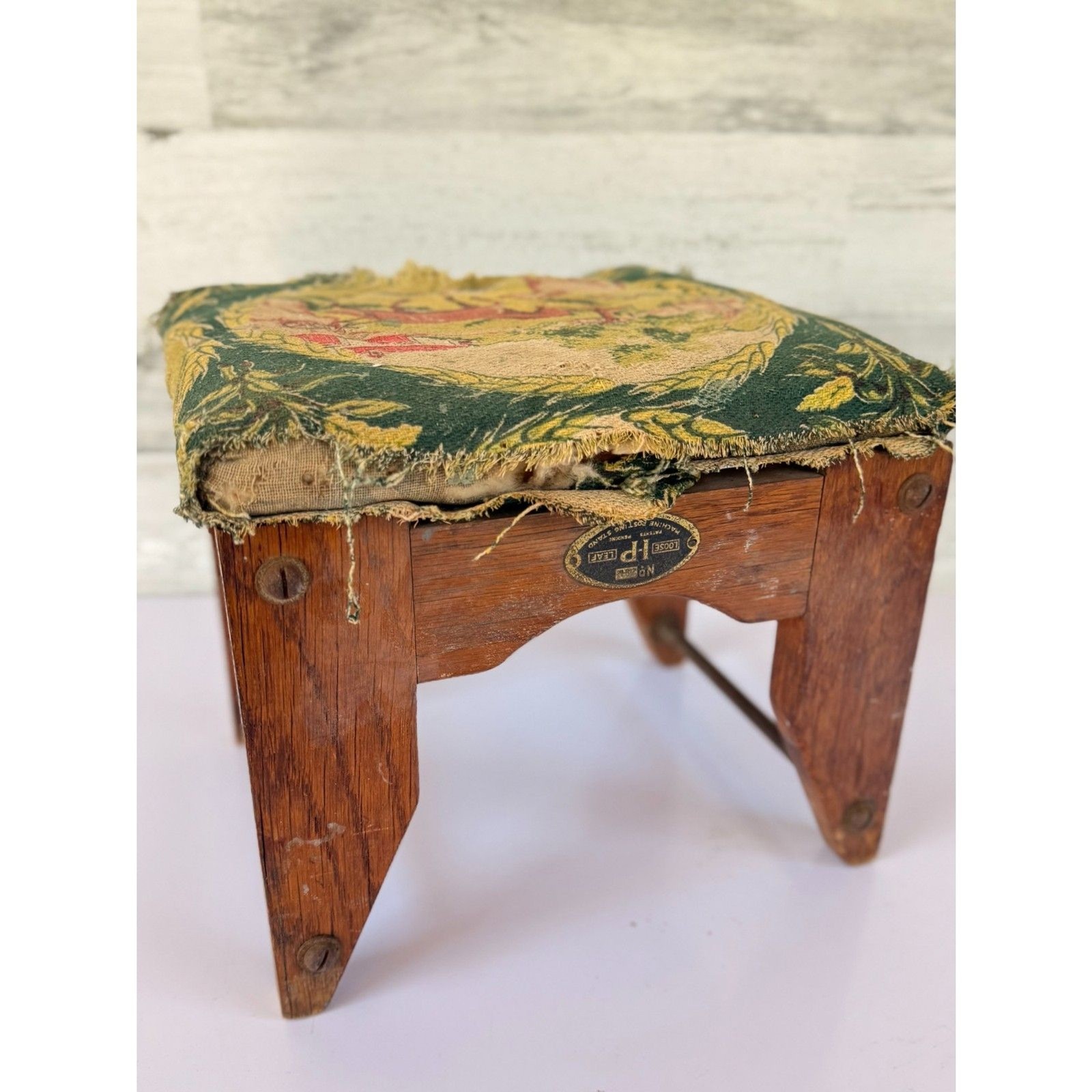 Antique Loose Leaf Footstool with Equestrian Tapestry