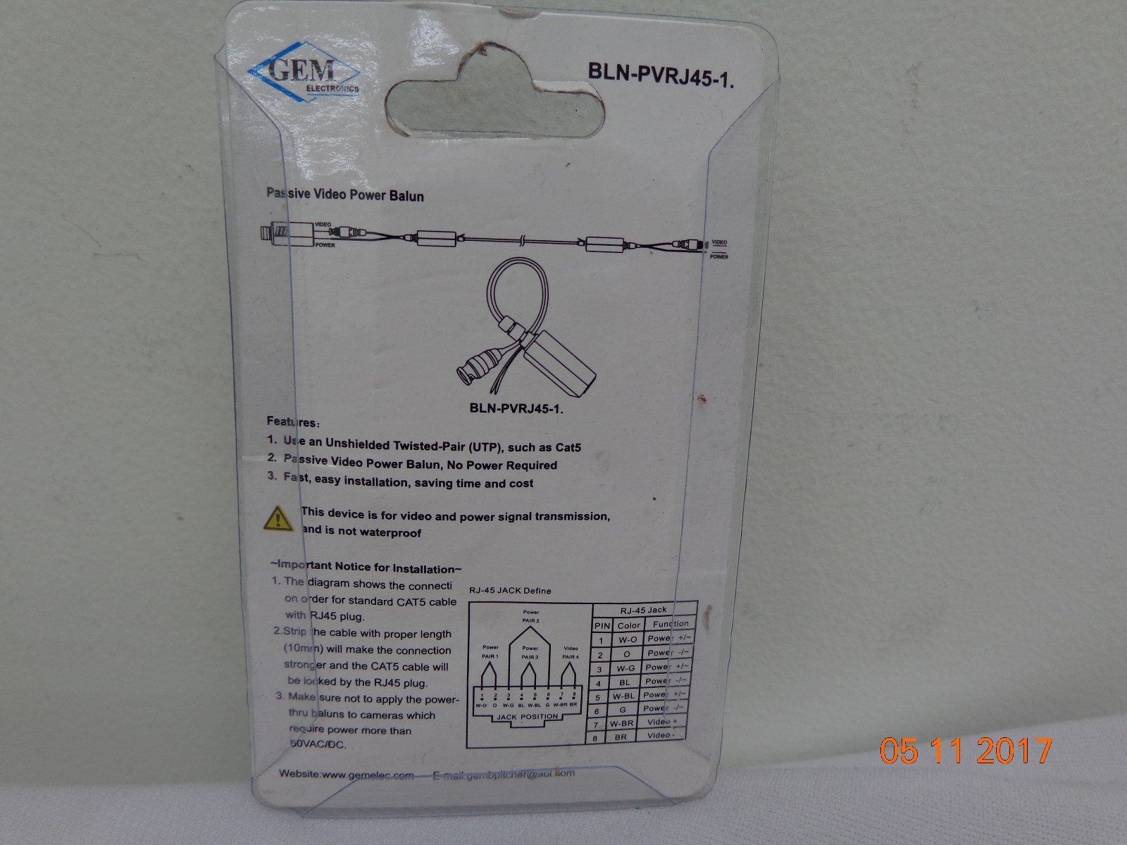 Gem Electronics BLNPVRJ451 CCTV Balun BNC Plug With Power Lds to RJ45