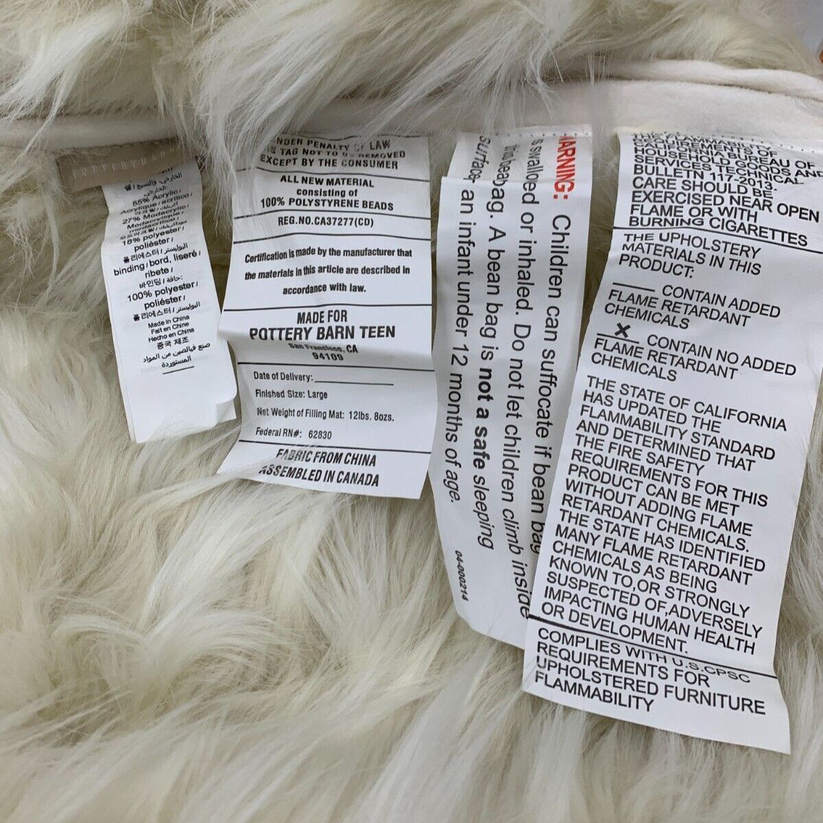 Pottery Barn Teen Faux Fur Bean Bag Chair Slipcover Winter Fox Large #9793G