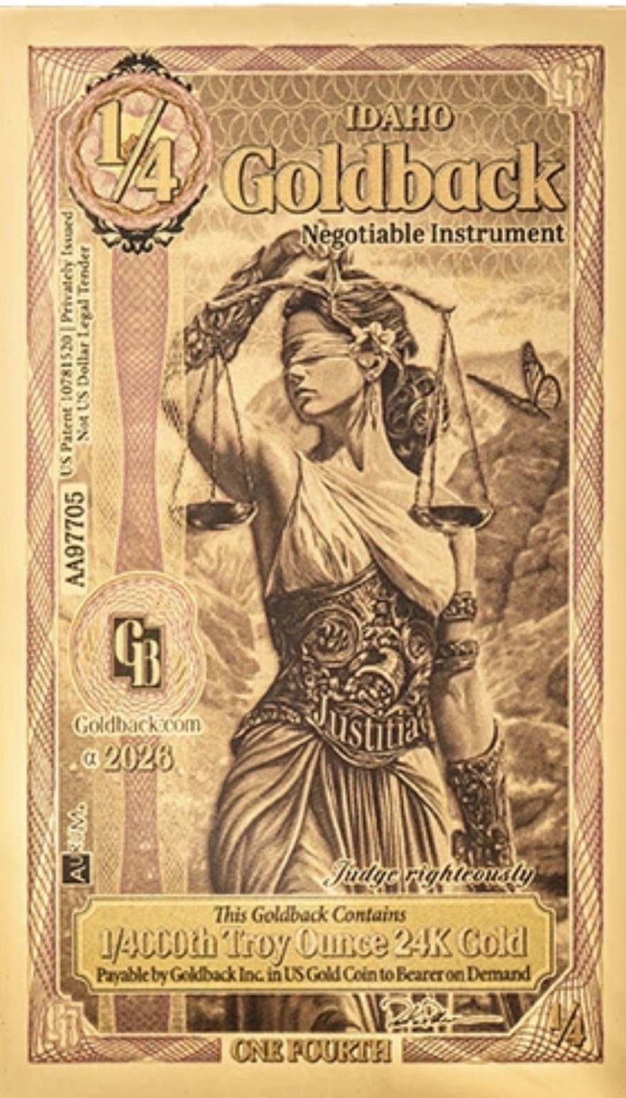 PREORDER IDAHO 1/4 Goldback 1/4000 Oz Fine Gold .999