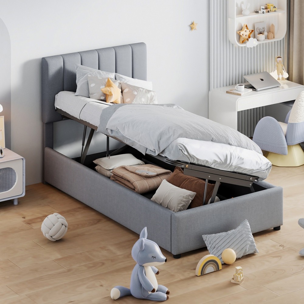 Twin Size Upholstered Platform Bed Frame w/ Hydraulic Storage System Gray