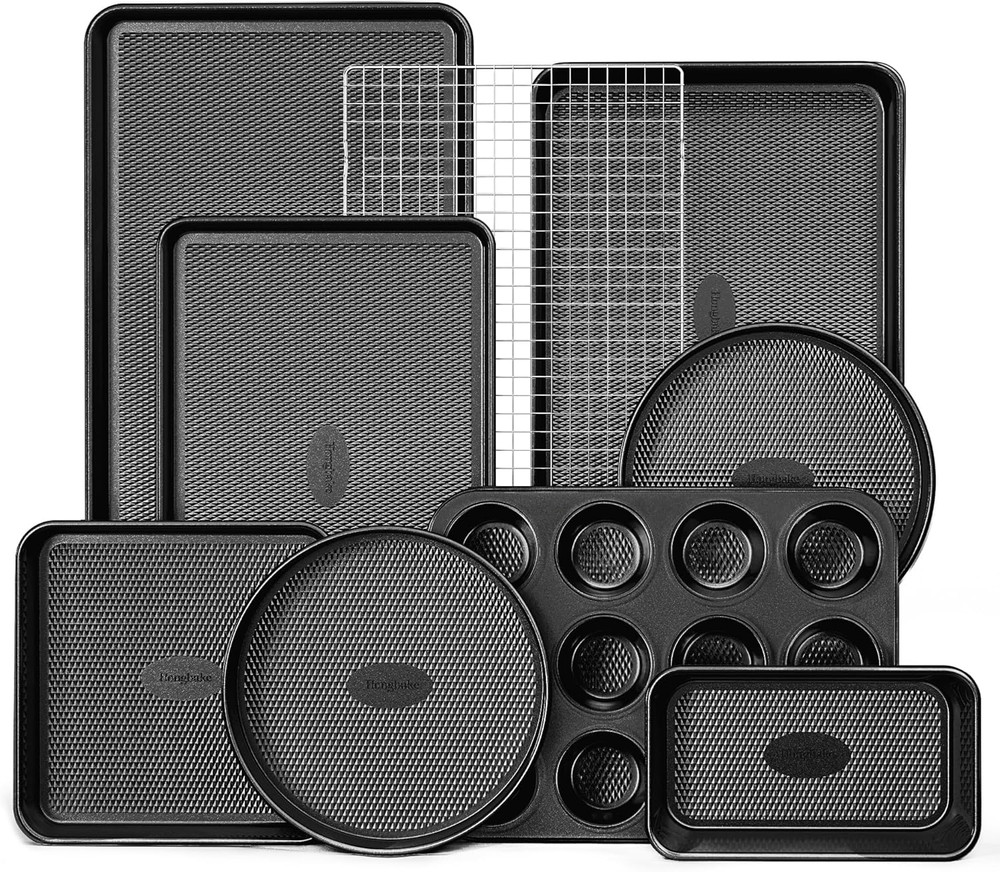 9 Piece Baking Pans Set Nonstick Stackable Non Toxic Bakeware Set Dark Gray