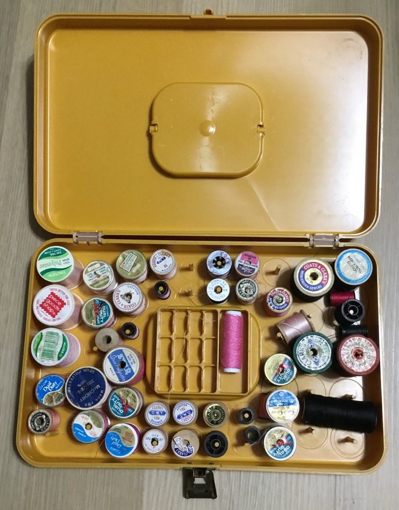 Vtg Wil-Hold Sewing Box Thread Storage Bobbin Holder DarkYellow Stackable Tailor