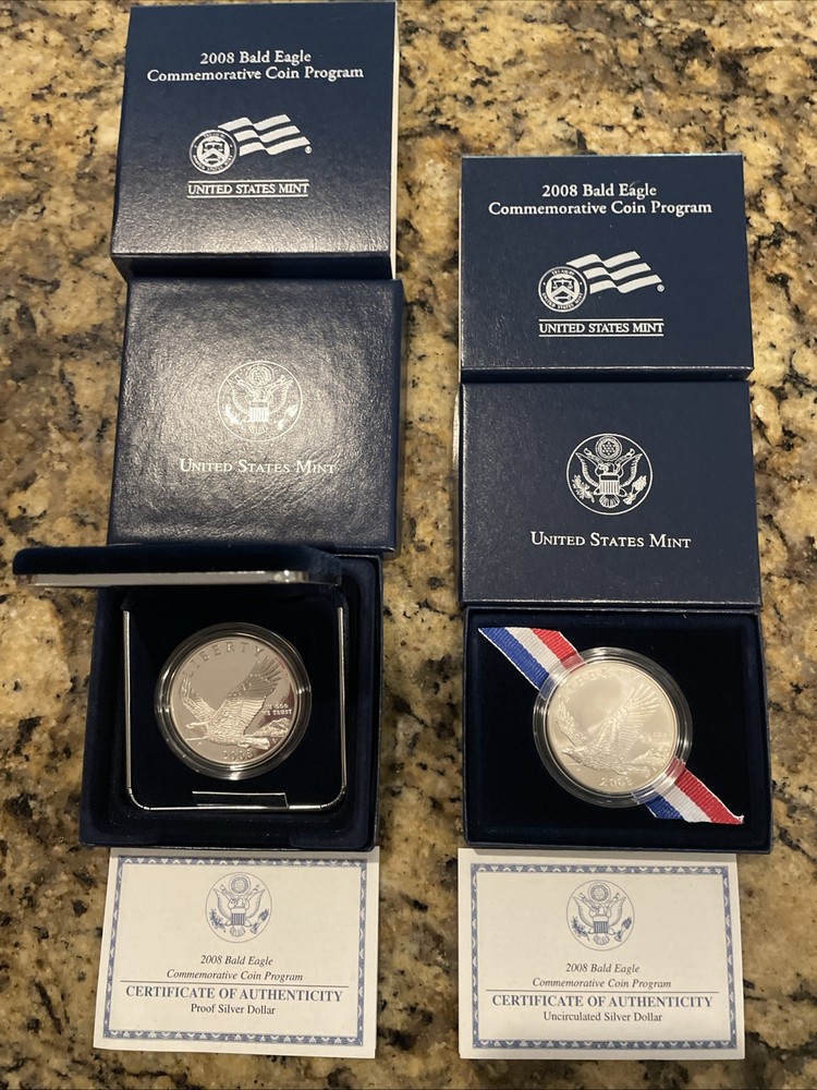 4 Coins - 2008 Bald Eagle - 2 Silver Dollars & 2 Clad Halves Unc. & Proof