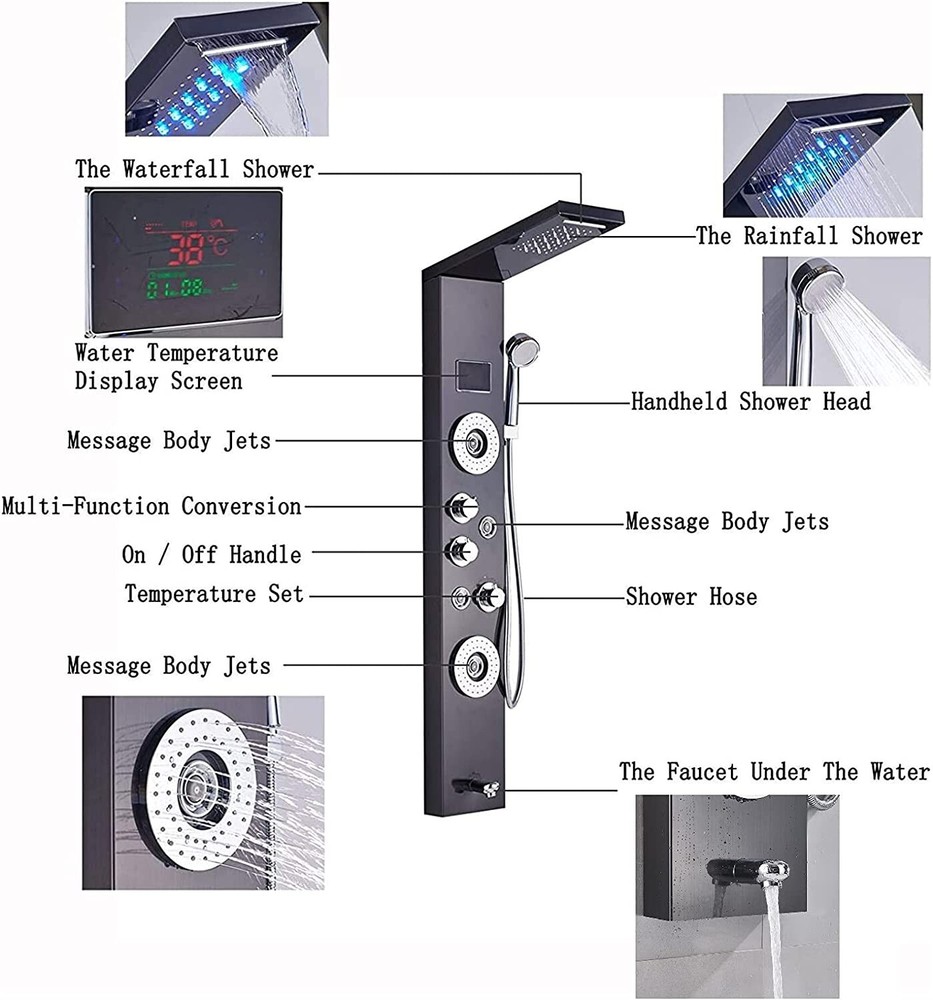 LED Rainfall Waterfall Shower Head Shower Panel Tower System Rain Massage System