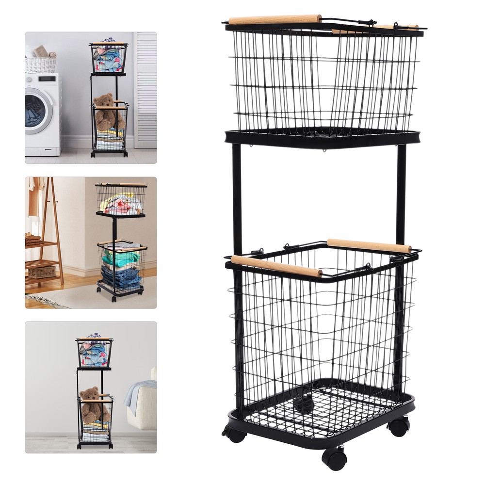 2 Tier Black Laundry Basket Metal Rectangular Laundry Basket With Wheels