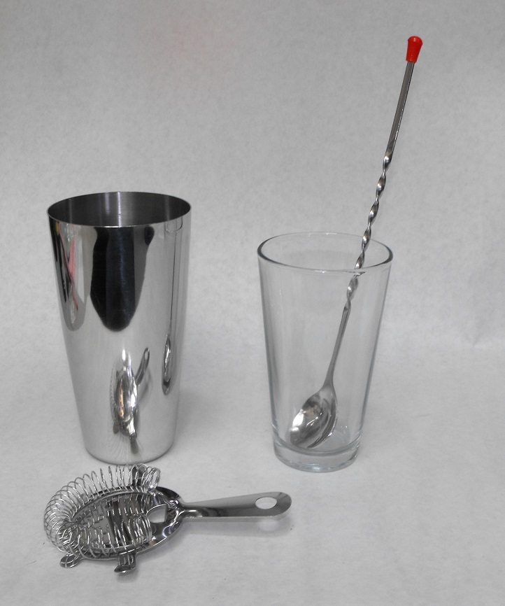 4 pc. BAR MARTINI COCKTAIL SHAKER SET Boston Shaker Bar Spoon Hawthorne Strainer