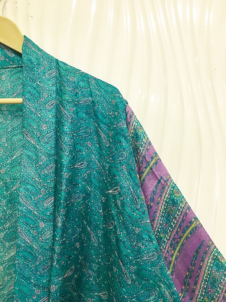 Pure Silk Blue/Green kimono Long Robe Gown Woman Silk Robe Kimono KMO5575