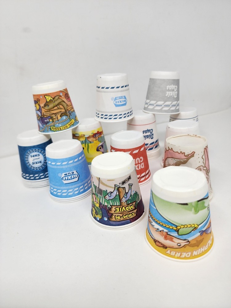 38 Vintage Dixie Cups 3 oz Various Designs Seashell Fish Logo