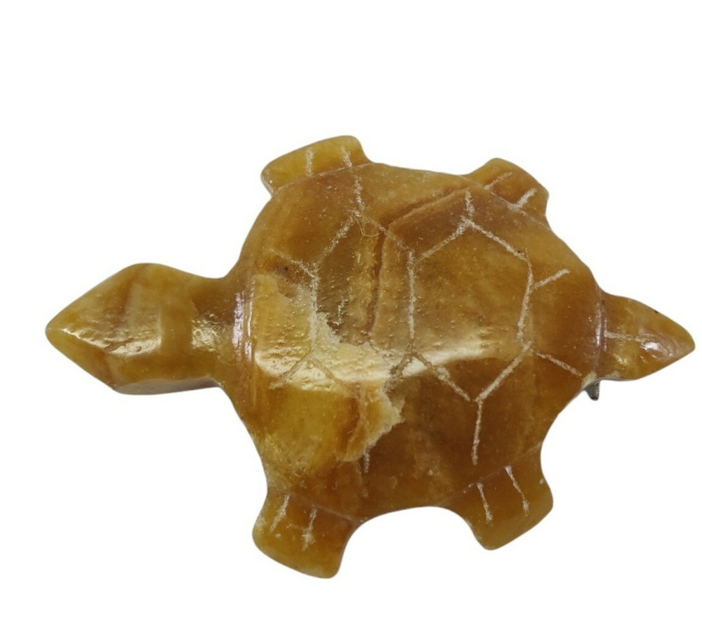 Hand Carved Stone Turtle Brooch Brown