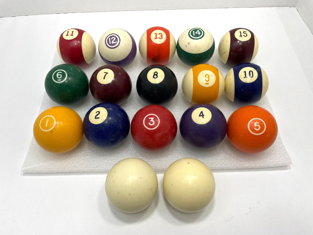 Vtg Standard Pool Table Ball Set Complete Mix Set With Two Cue Balls/Shift Knobs