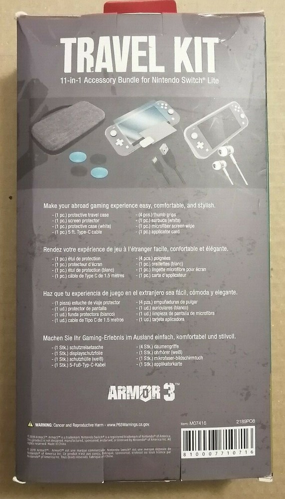 Armor3 Travel Kit: Case Earbuds Screen Protector Cable Grip Nintendo Switch Lite