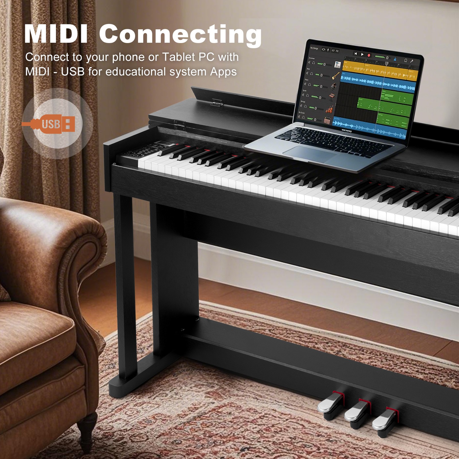 Black 88Key Full Size Weighted Hammer Action Digital Piano Keyboard with 3-Pedal